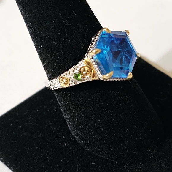 Genuine Caribbean Quartz & Chrome Diopside Ring Platinum over 925/18k Sz 9 - Picture 5 of 6